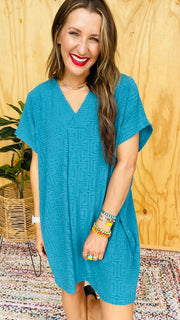 Peyton Textured V-Neck Mini Dress- Ocean Blue