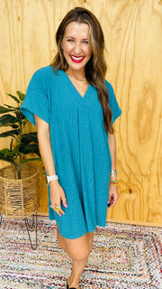 Peyton Textured V-Neck Mini Dress- Ocean Blue