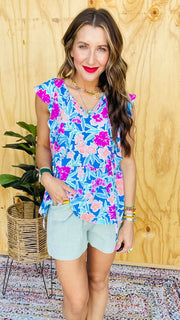 Bloom In Style Floral Print Tie Closure Flutter Top