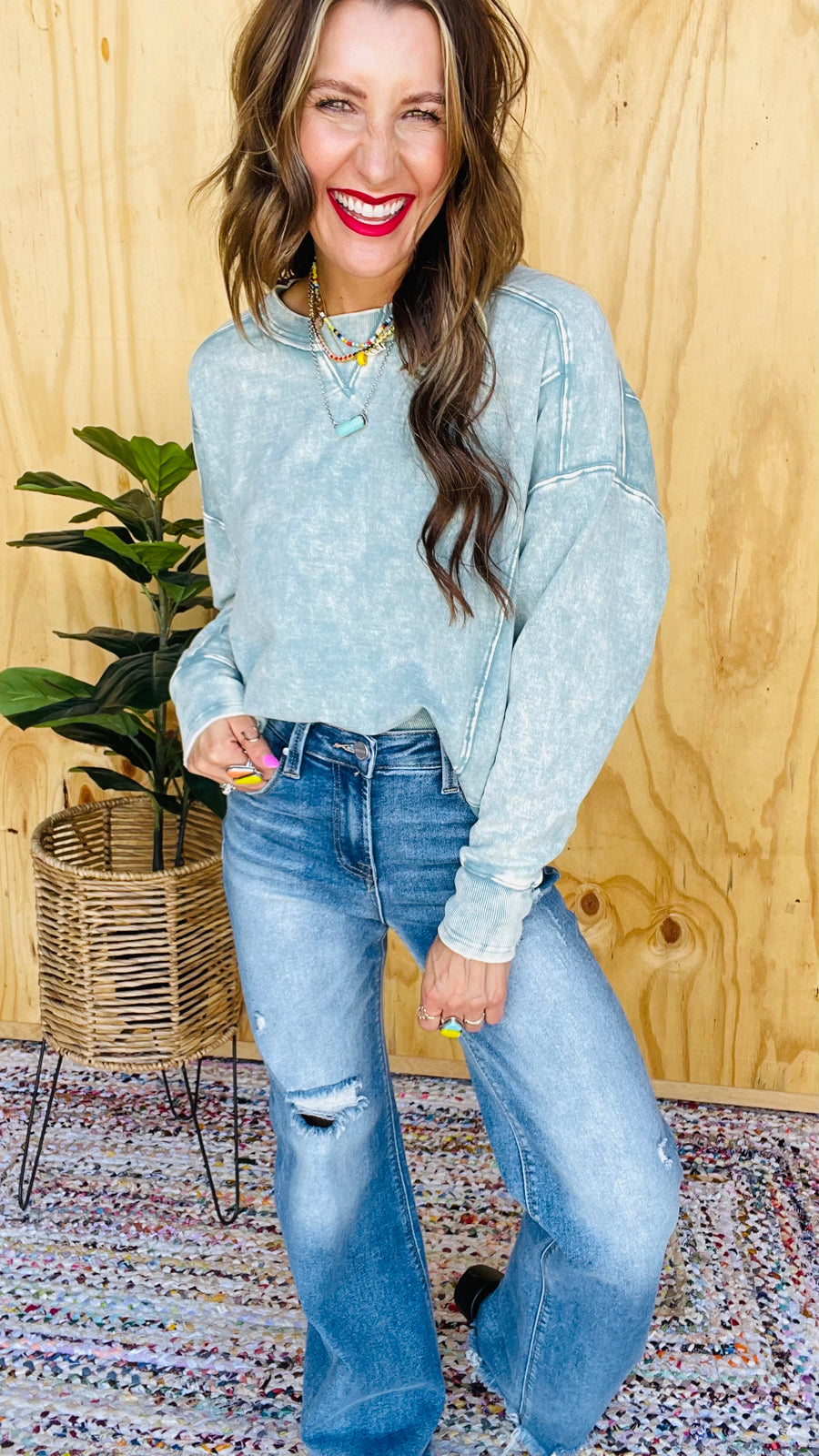 Quincy French Terry Acid Wash Pullover- Ash Blue