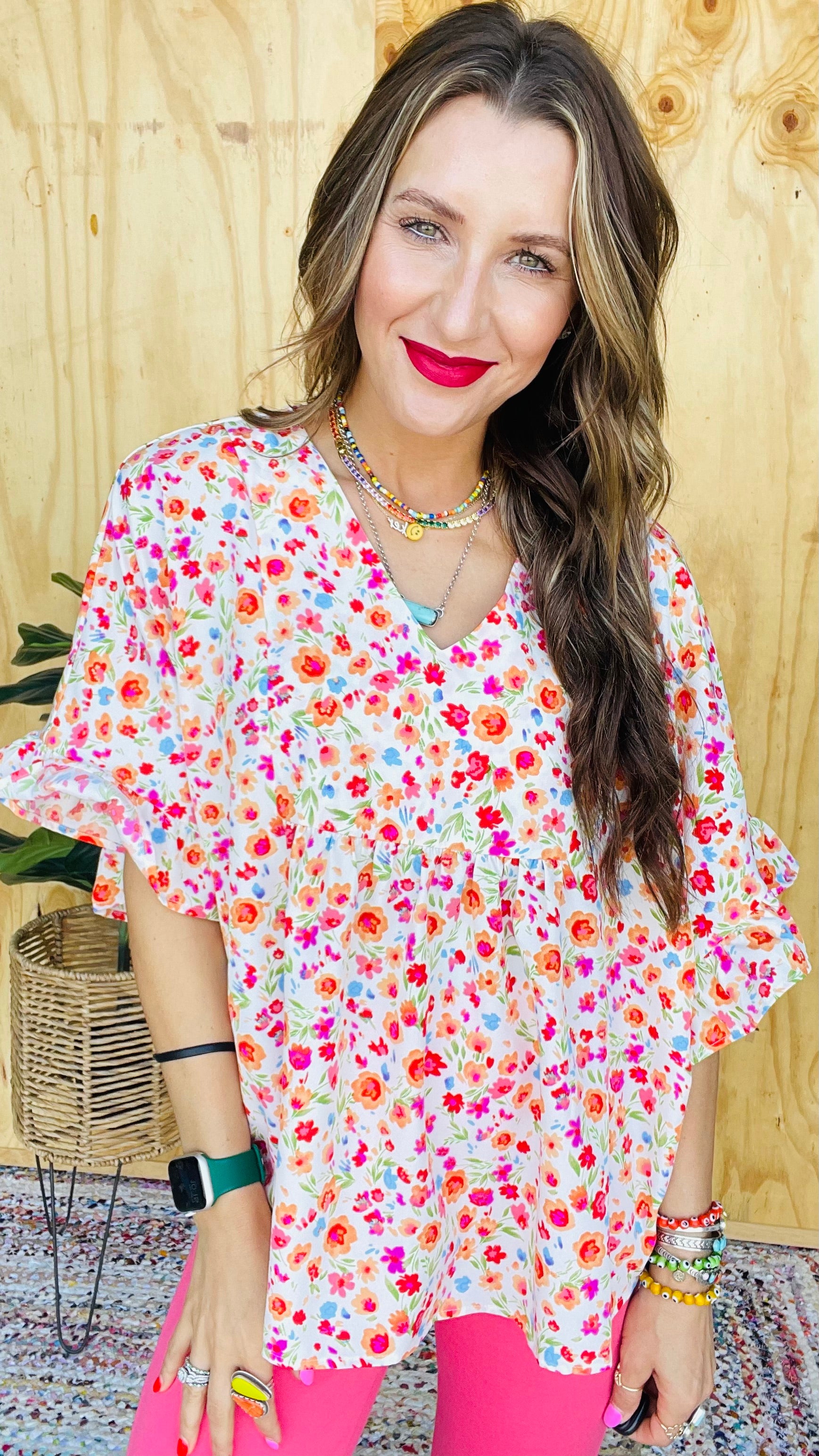 No One Prettier Printed 3/4 Flutter Sleeve Blouse