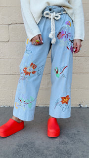 Boho Blossoms Straight Leg Denim Pants- Light Wash