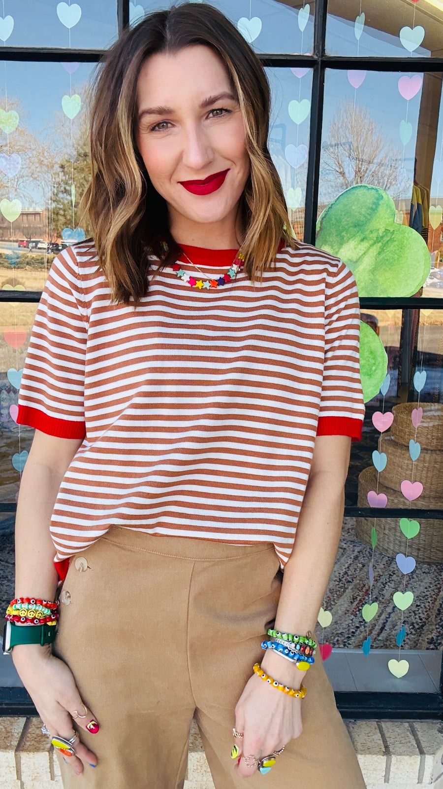 Cindy Striped Knit Tee- Mocha & Red