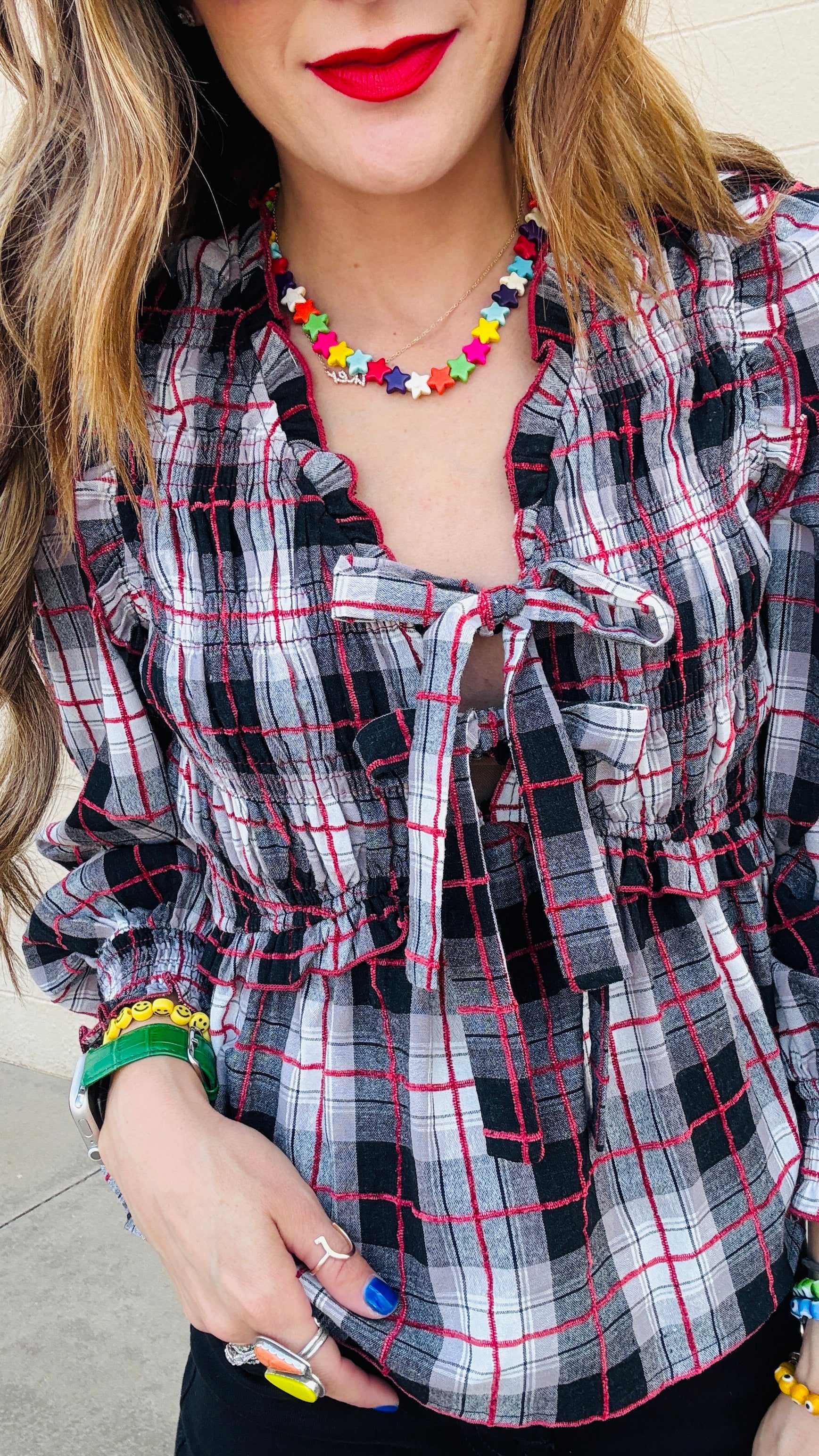Lyla Plaid V-Neck Front Tie Top - Red & Black