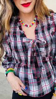 Lyla Plaid V-Neck Front Tie Top - Red & Black