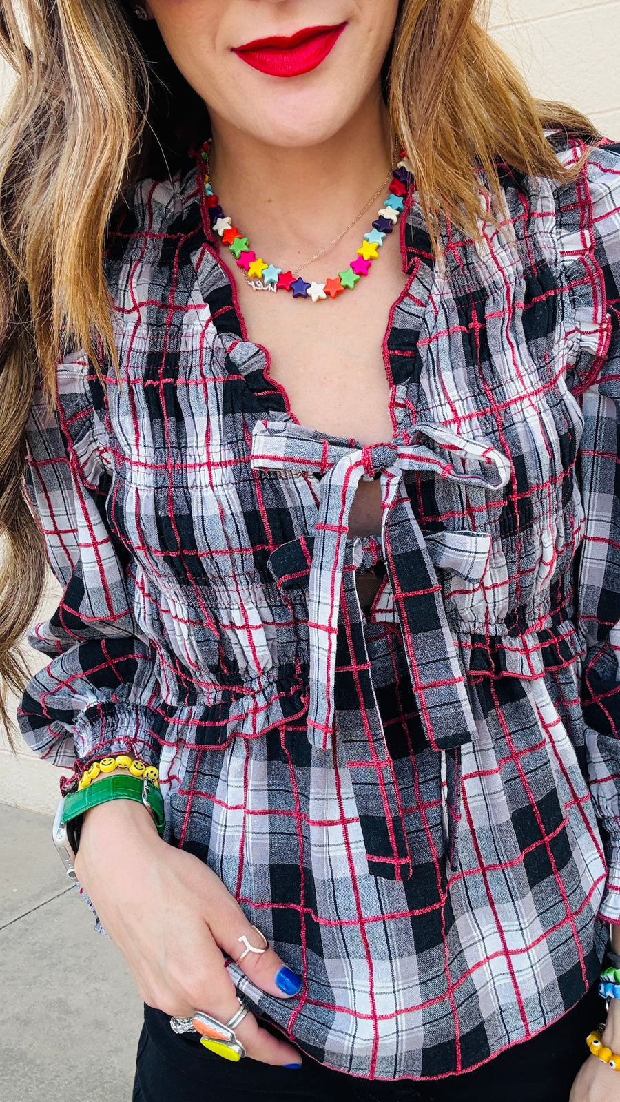 Lyla Plaid V-Neck Front Tie Top - Red & Black