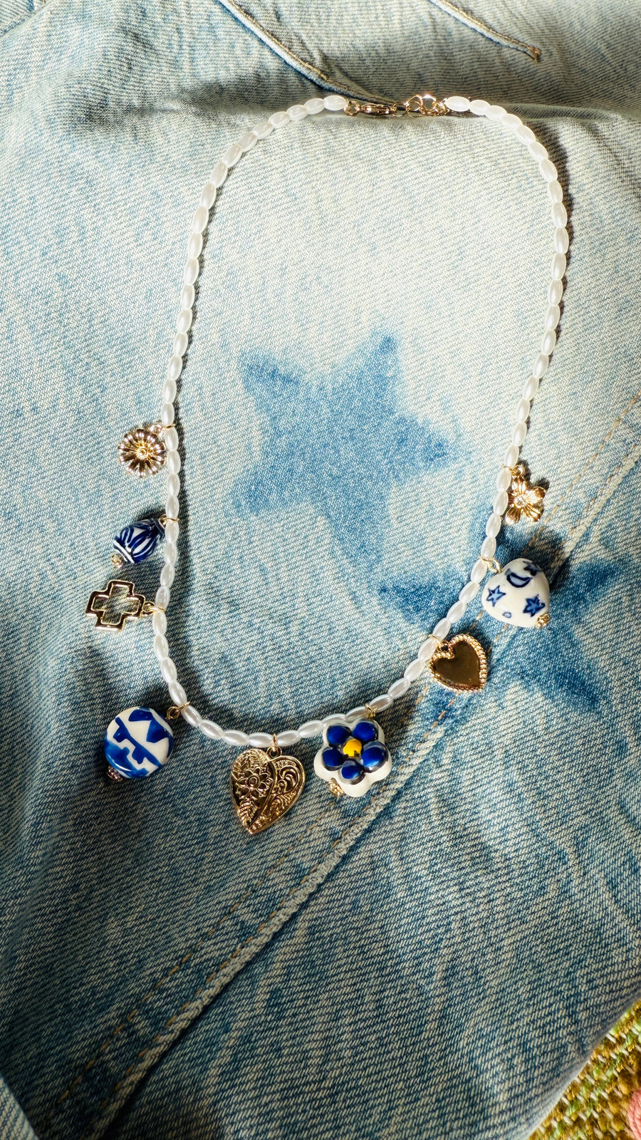 Golden Hearts & Blue Blooms Necklace