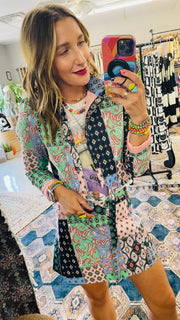 Multicolor Mix Print Jacket and Skort Set