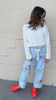 Boho Blossoms Straight Leg Denim Pants- Light Wash