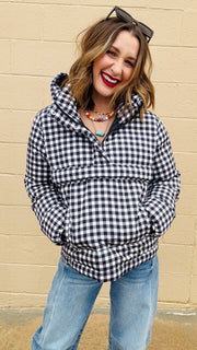 Chilly Chic Plaid Puffer Pullover- Black & White