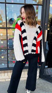 Tyra Chunky Knit Striped Sweater- Red & Black