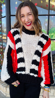 Tyra Chunky Knit Striped Sweater- Red & Black