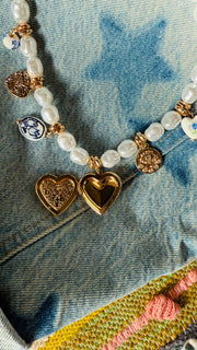 Ceramic Floral & Gold Heart Charms Pearl Beaded Necklace