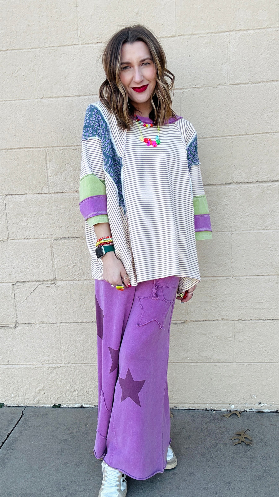 Floral & Stripe Color-Block 3/4 Sleeve Top