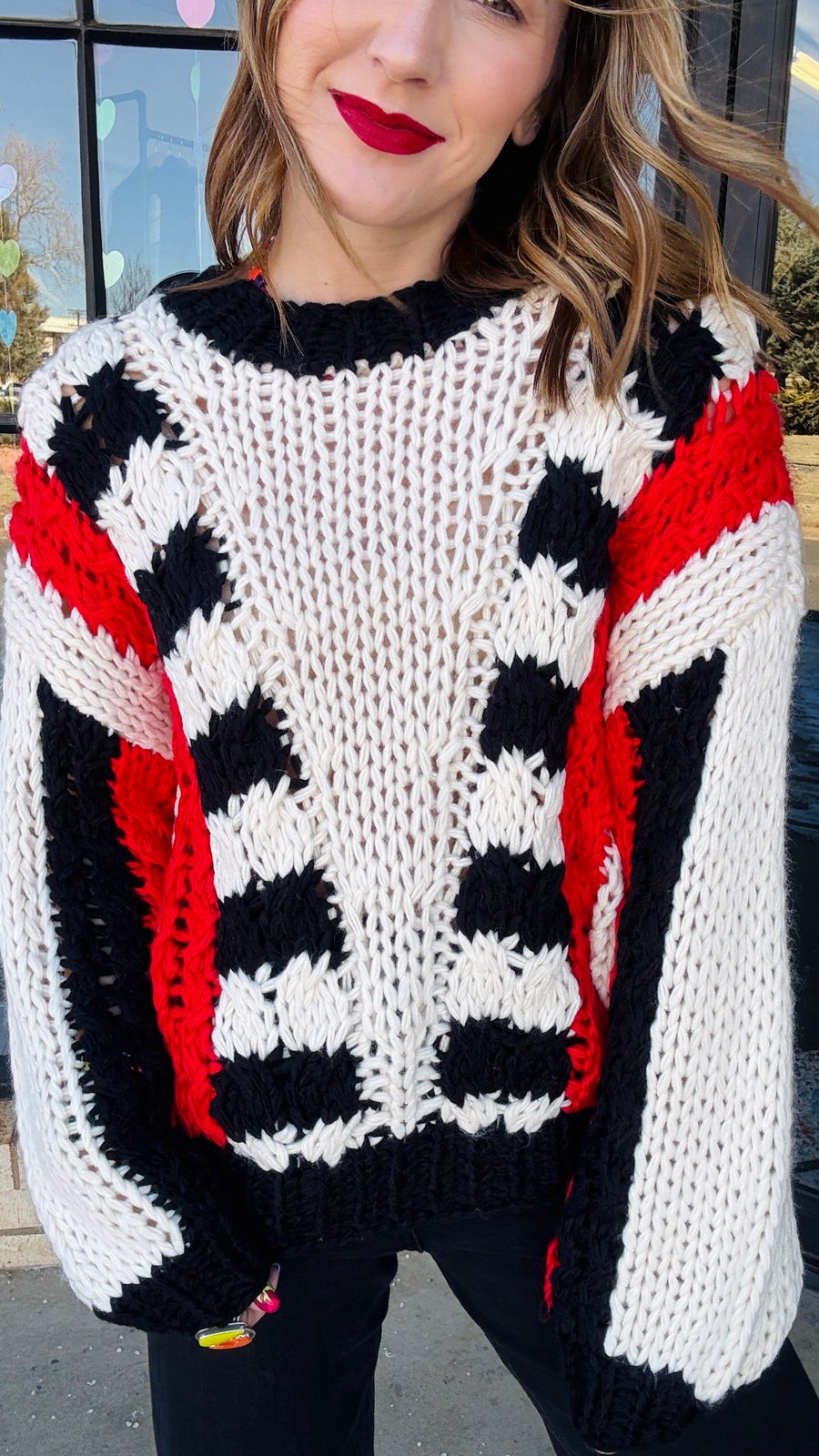 Tyra Chunky Knit Striped Sweater- Red & Black