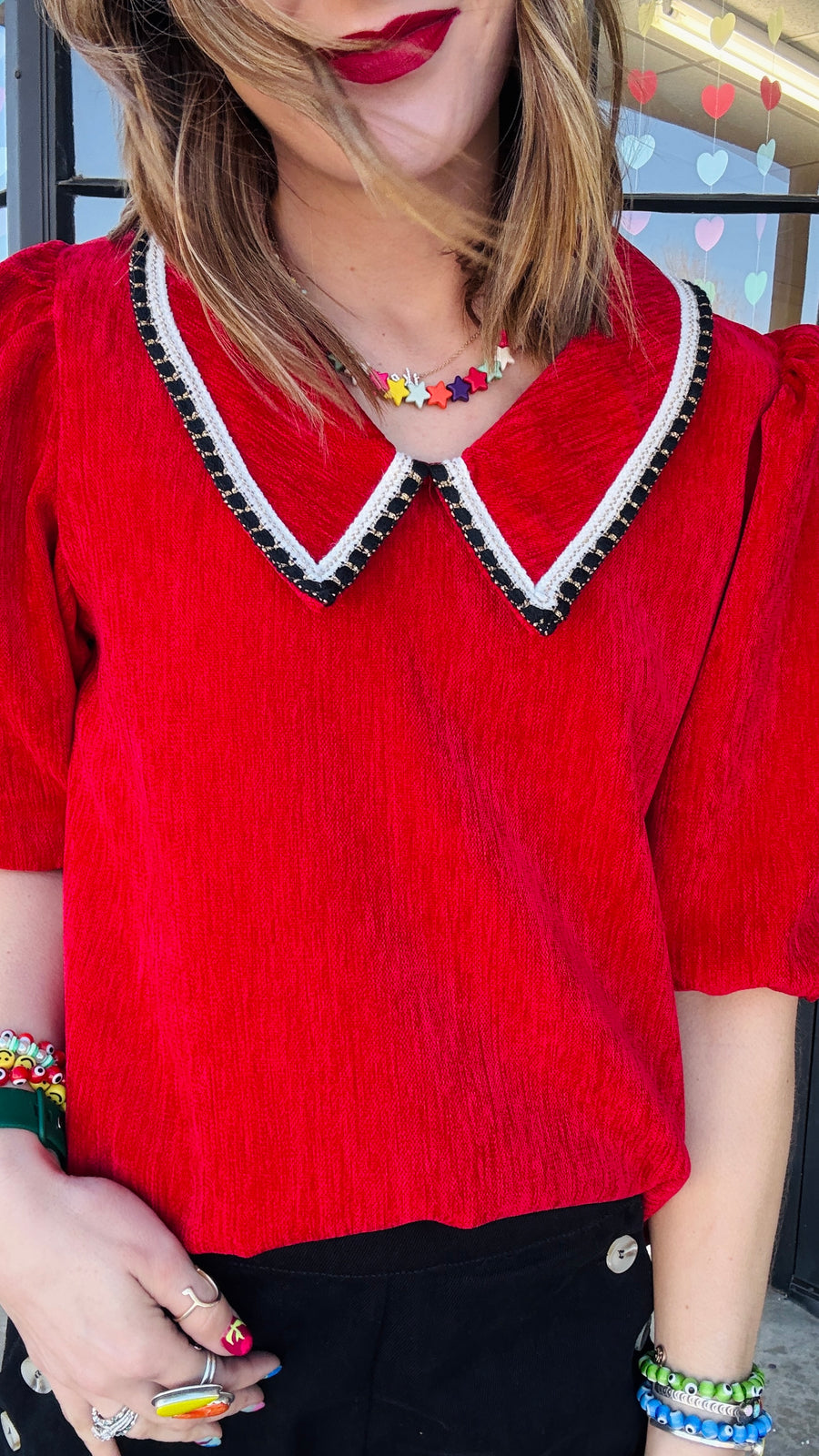 Kenlee Detailed Collar Velvet Top- Red