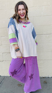 Floral & Stripe Color-Block 3/4 Sleeve Top