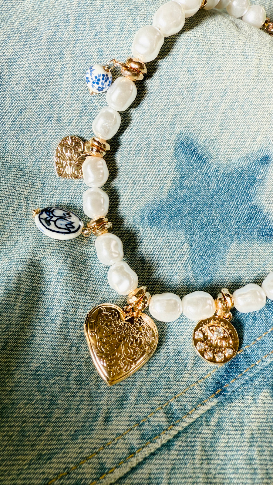 Ceramic Floral & Gold Heart Charms Pearl Beaded Necklace