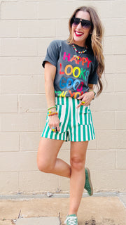 Wrenlee Waffle Knit Striped Shorts- Green & White