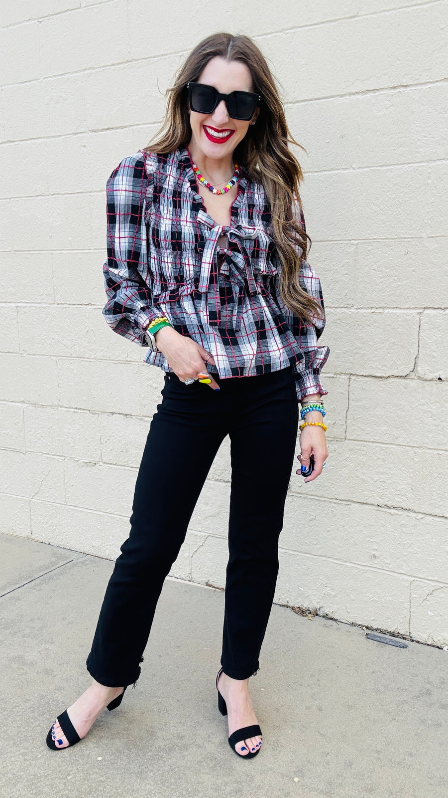 Lyla Plaid V-Neck Front Tie Top - Red & Black
