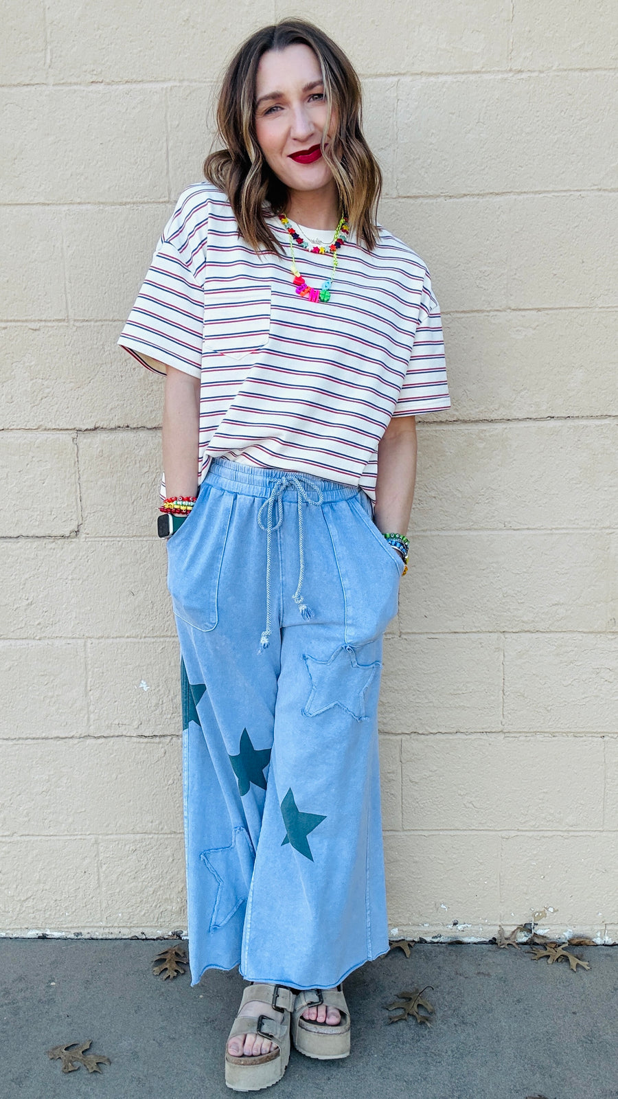 Superstar Distressed Patchwork Wide Leg Pants- Washed Denim