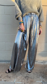 Disco Diva Metallic Wide Leg Pants- Silver