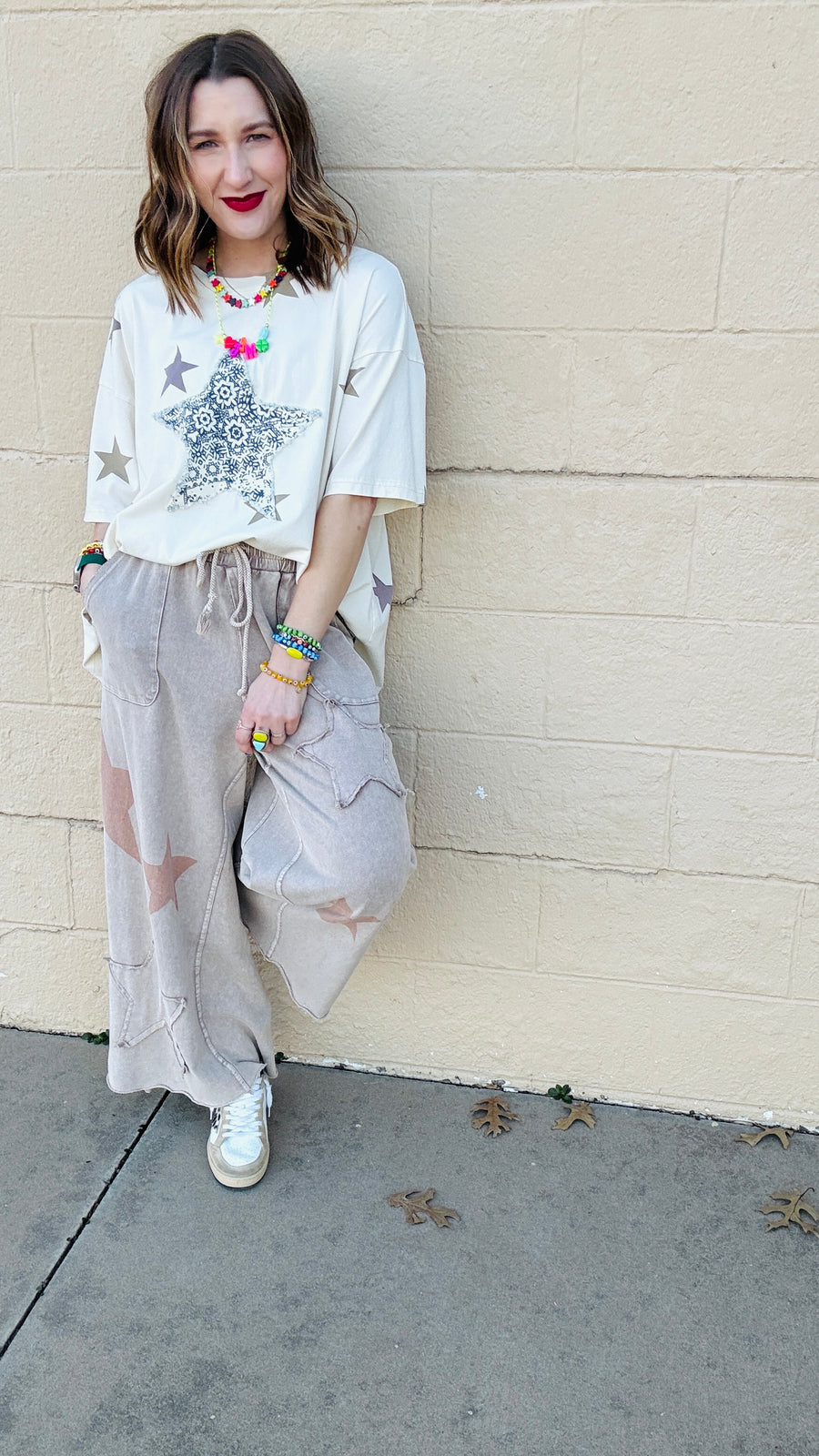 Superstar Distressed Patchwork Wide Leg Pants - Latte