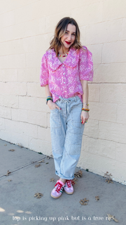 Willow Embroidered Gingham Blouse- Red