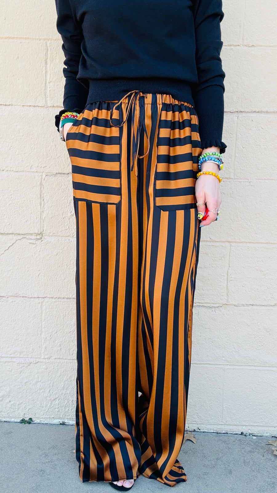 Black & Camel Striped Satin Pants