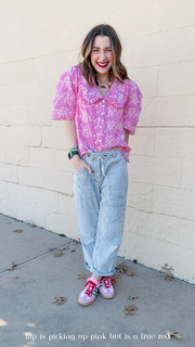 Willow Embroidered Gingham Blouse- Red