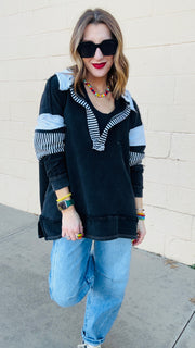 Cozy Fall Pattern Block Distressed Pullover- Black Combo