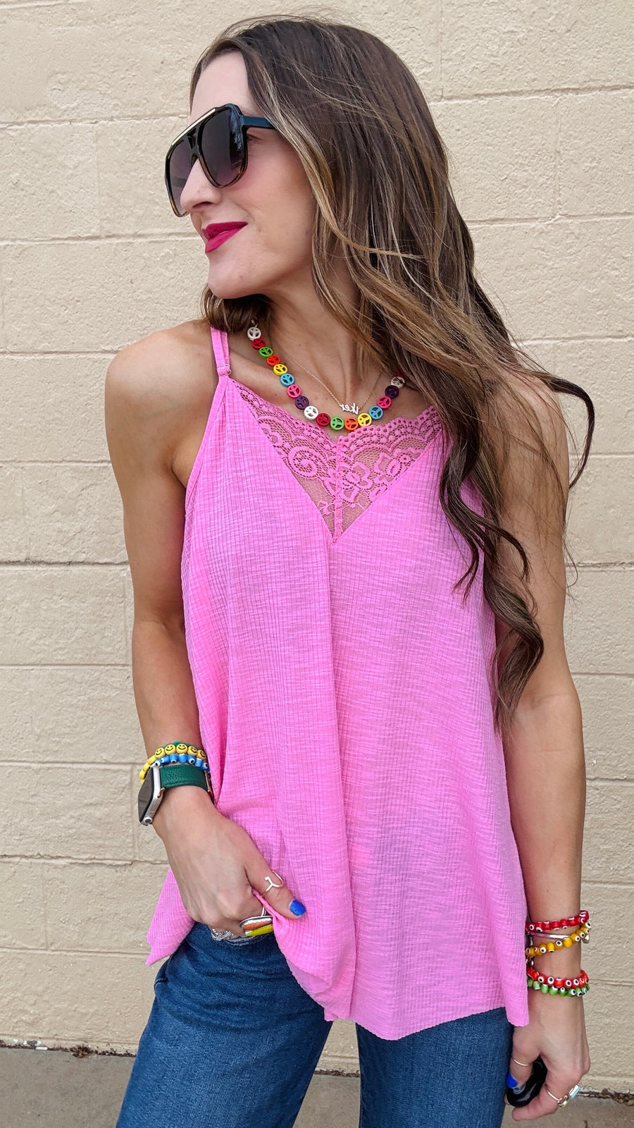 Lace Inset Dream Tank - Candy Pink