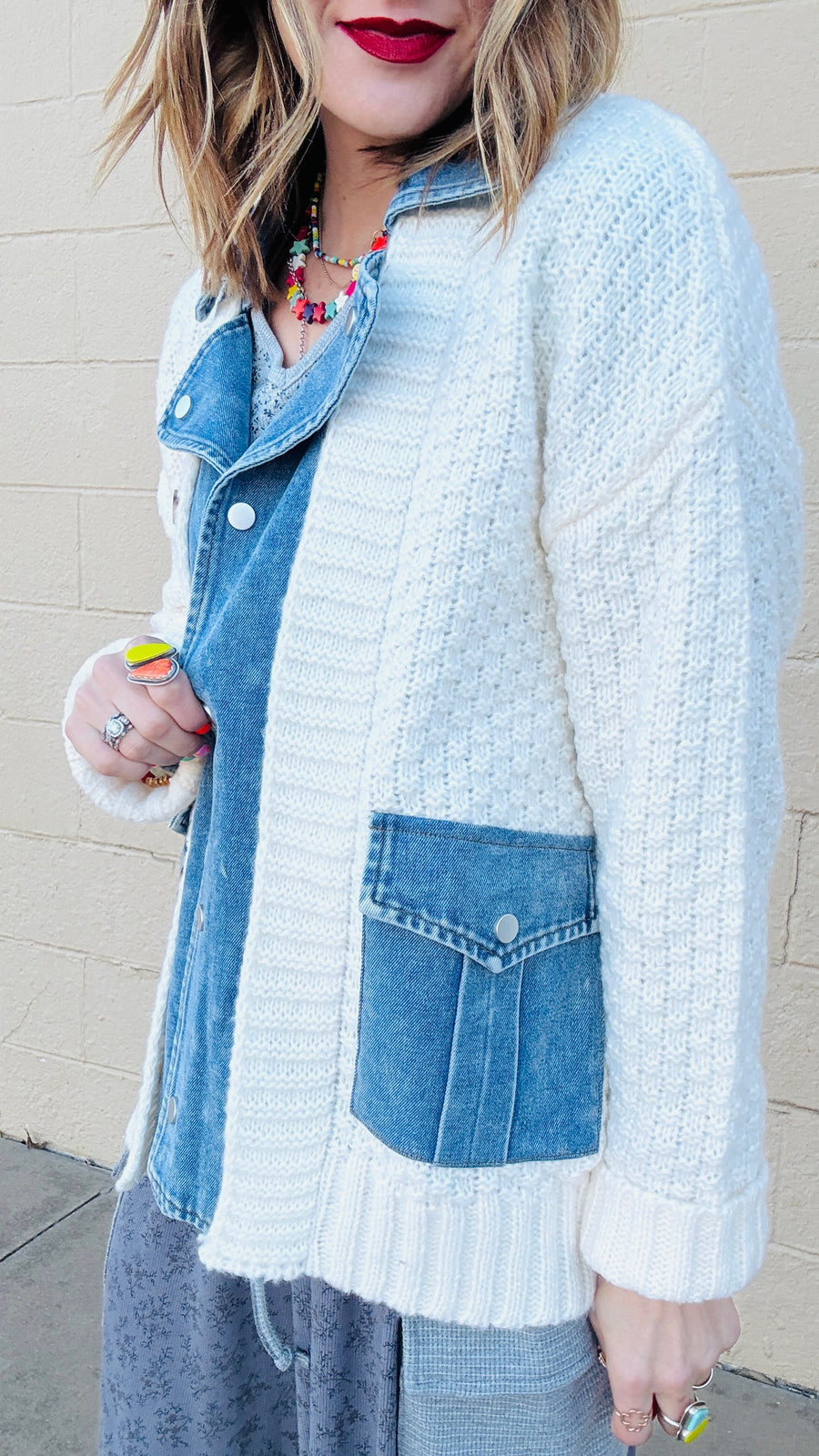 Cozy Contrast Knit Denim Accent Jacket- Cream