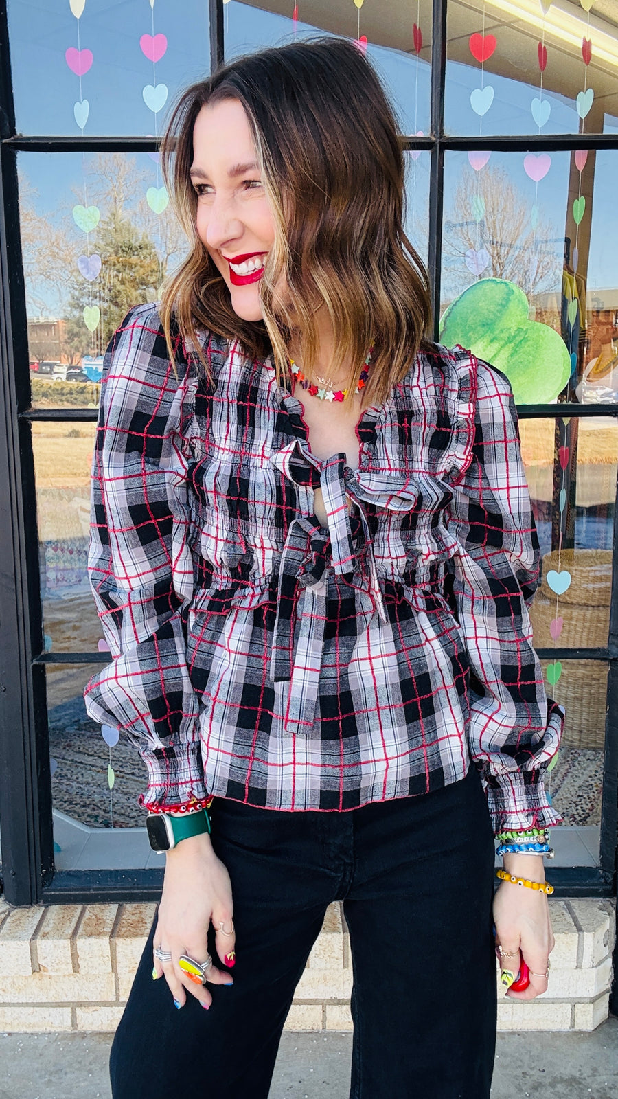 Lyla Plaid V-Neck Front Tie Top- Red & Black