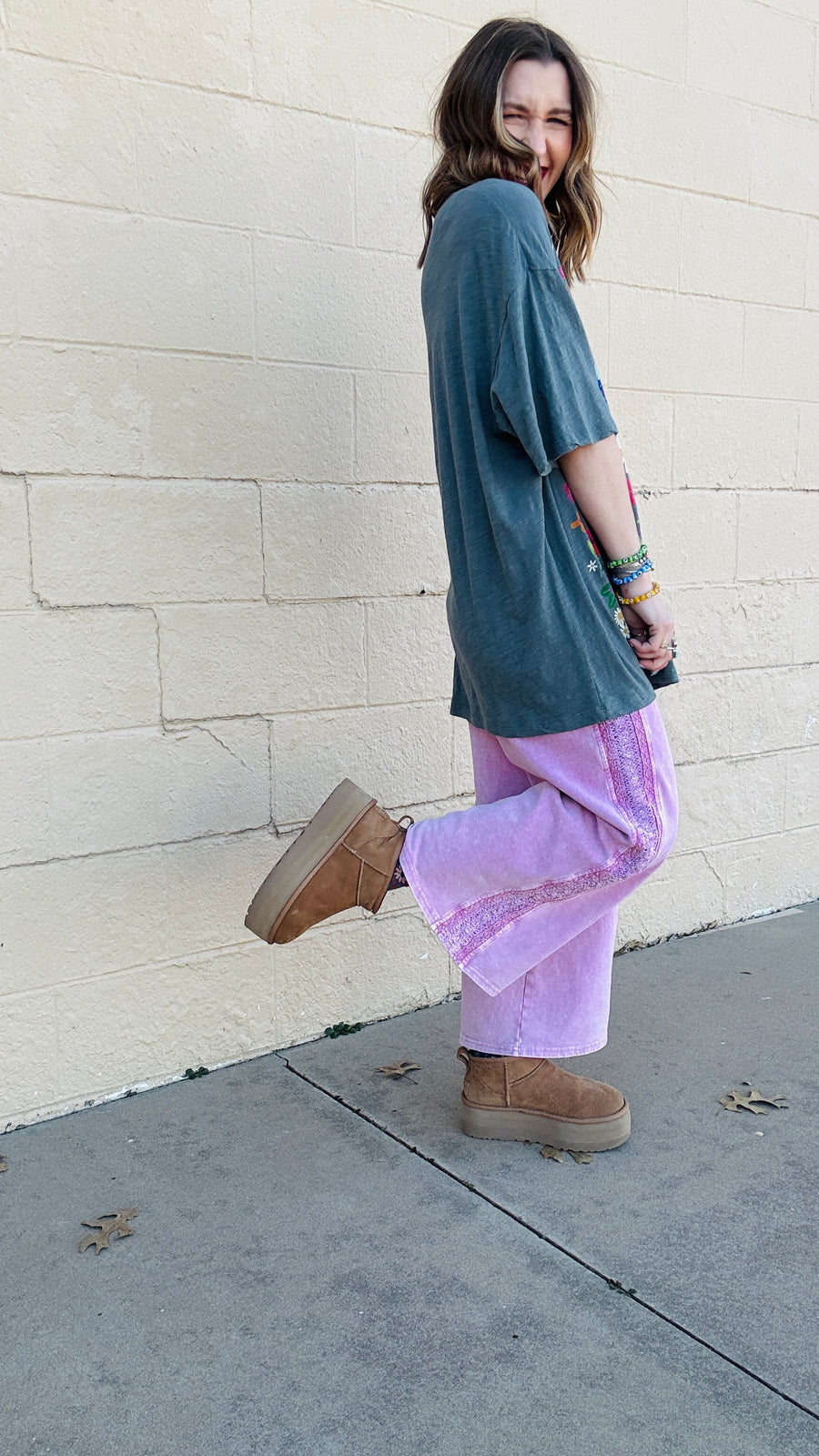 Boho Lace Detail Wide Leg Sweatpants-Antique Rose