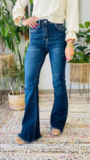 High Rise Vintage Frayed Hem Flare Jeans- Dark Wash