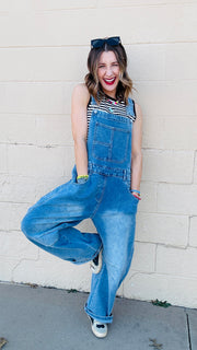 Molly Wide Barrel Leg Denim Overalls- Medium Wash