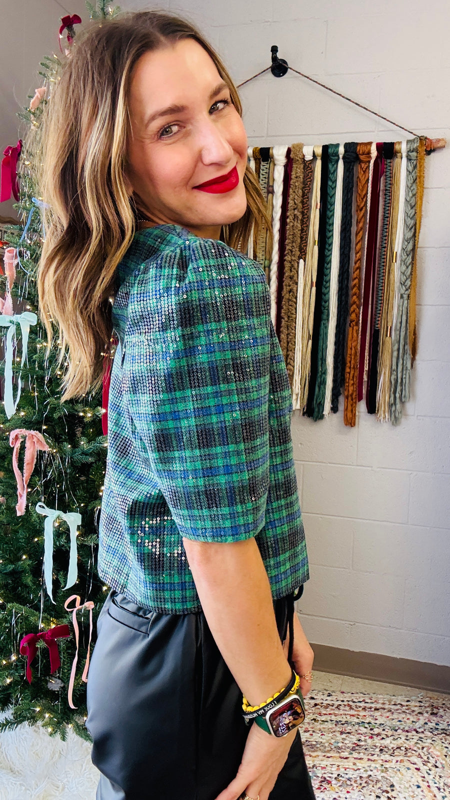 Jingle Bell Rock Sequins Plaid Top- Hunter Green Mix