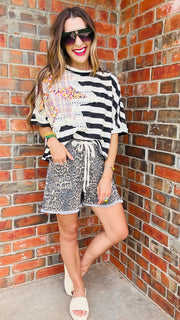 Stellar Stripes Cropped Sweatshirt-Black & Cream