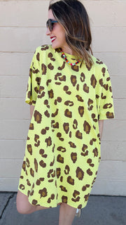 Emma leopard Print T-Shirt Dress- Neon Pineapple