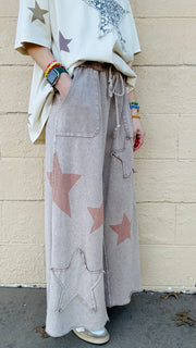 Superstar Distressed Patchwork Wide Leg Pants - Latte