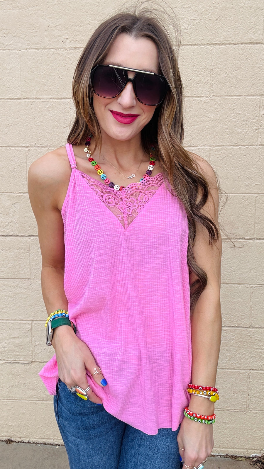 Lace Inset Dream Tank - Candy Pink