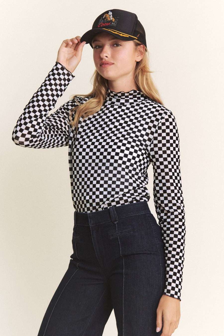 Black and White Checkered Mesh Top