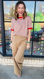 Cindy Striped Knit Tee- Mocha & Red