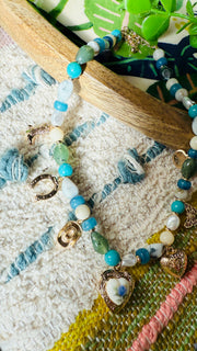 Bold Blues & Greens Mixed Charms Pearl And Stone Beaded Necklace