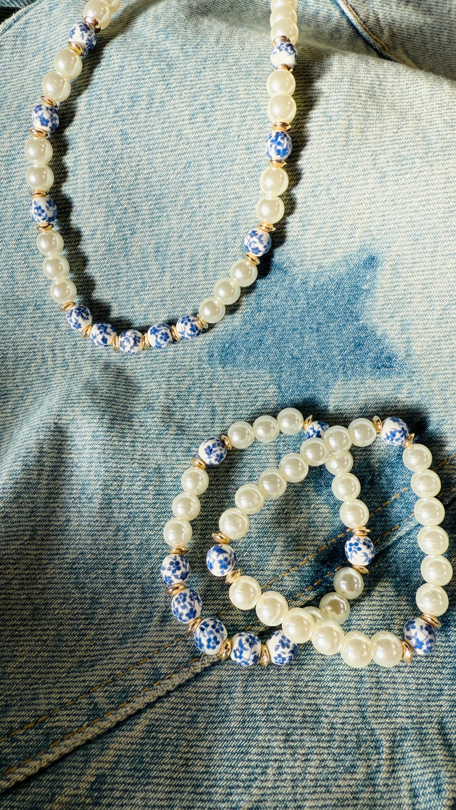 Blue Floral Bead Pearl Bracelet Set