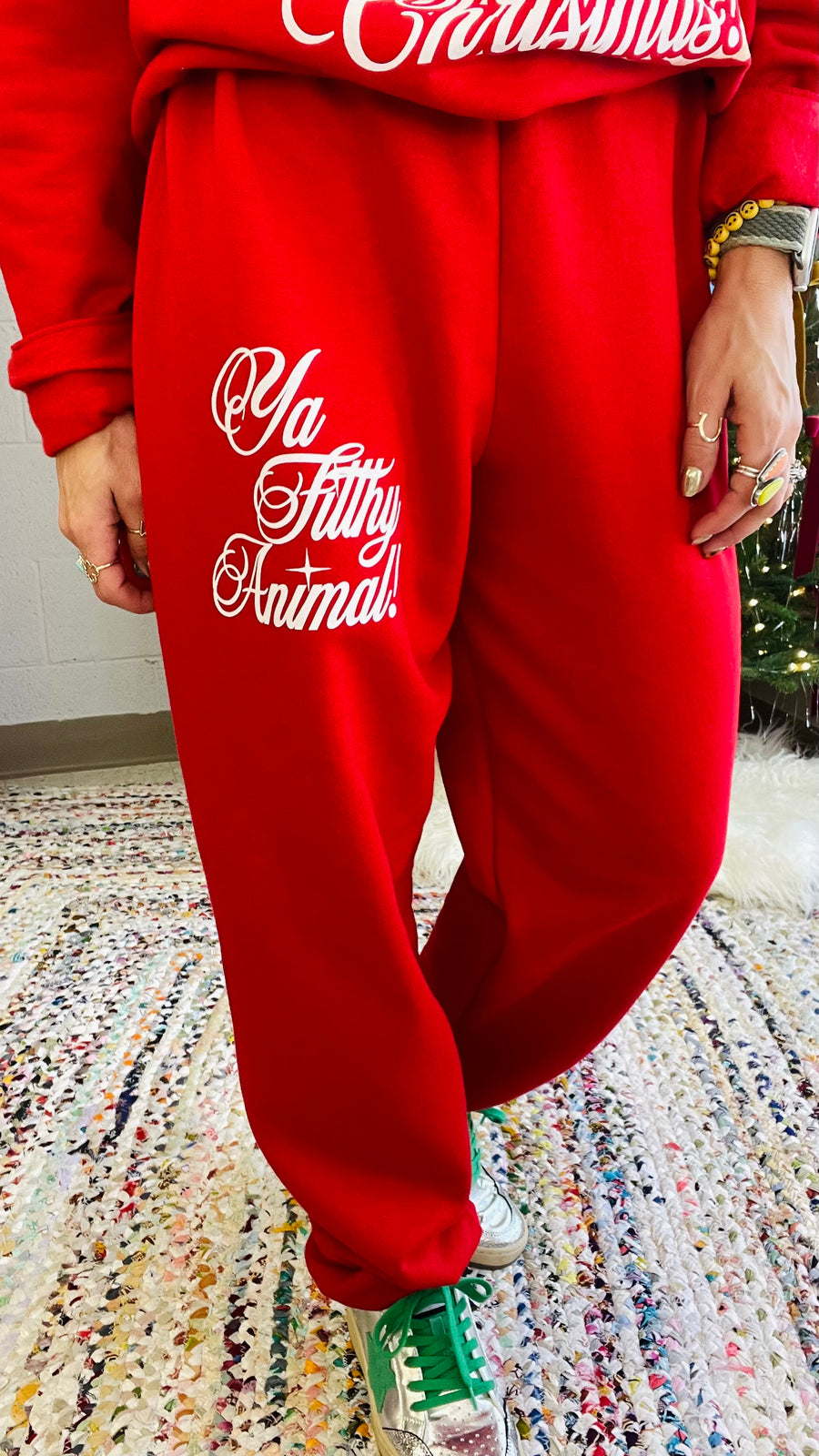 Ya Filthy Animal Graphic Holiday Sweats- Red