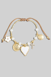 Heart Pearl And Cross Charms Adjustable Cord Bracelet