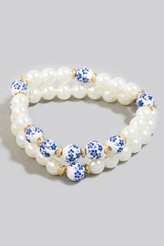 Blue Floral Bead Pearl Bracelet Set