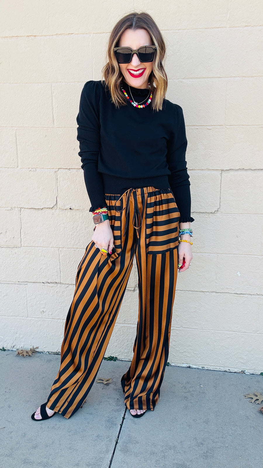 Black & Camel Striped Satin Pants